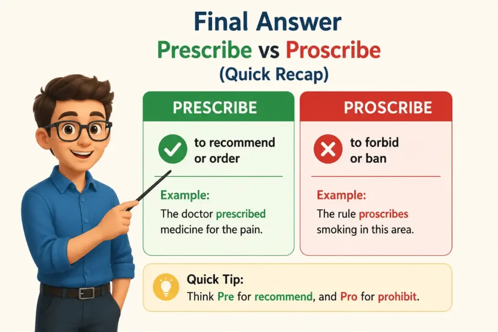 Final Answer About Prescribe vs Proscribe (Quick Recap)