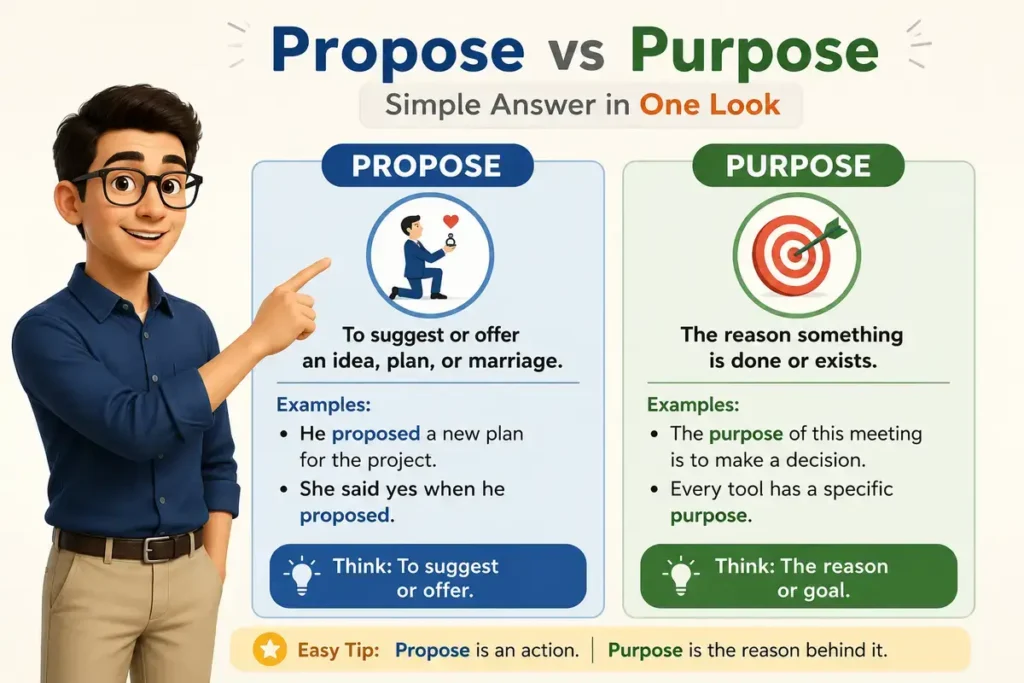 Simple Answer in One Look about Propose vs Purpose